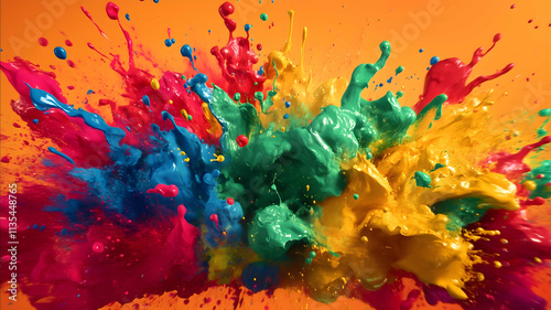 blobs of very bright colored paint flying and exploding red orange bright green bright blue golden yellow magenta dynamic photo