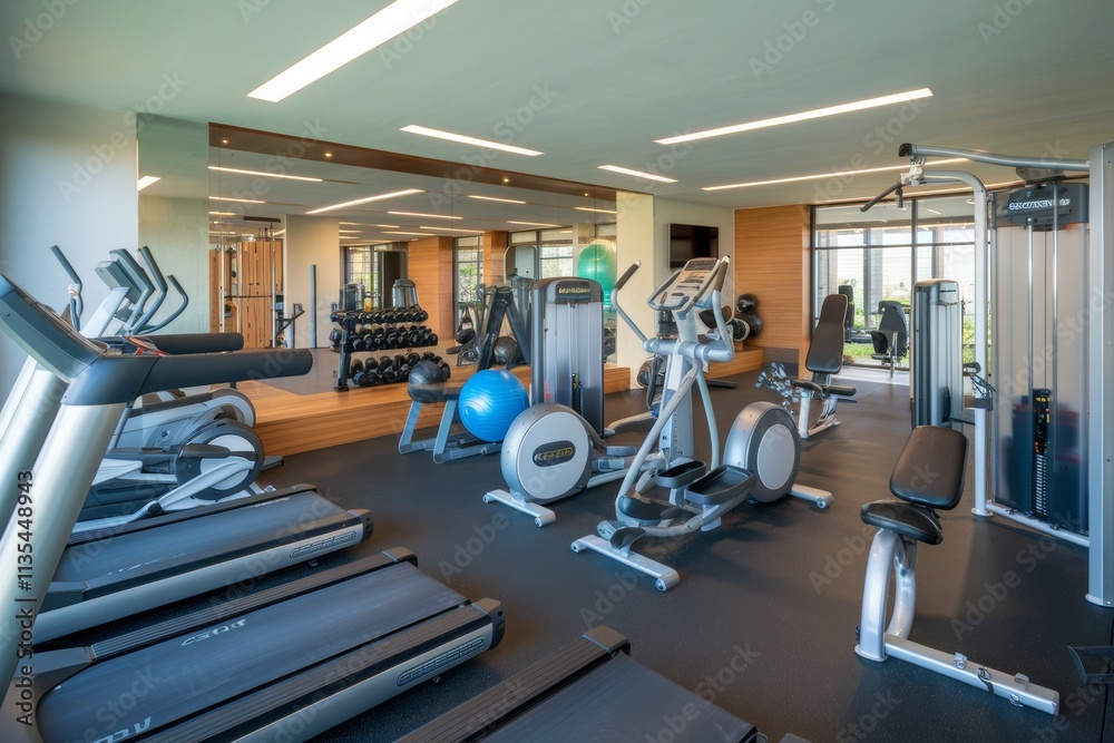 Fototapeta premium Modern gym interior with exercise equipment and weights for fitness activities.