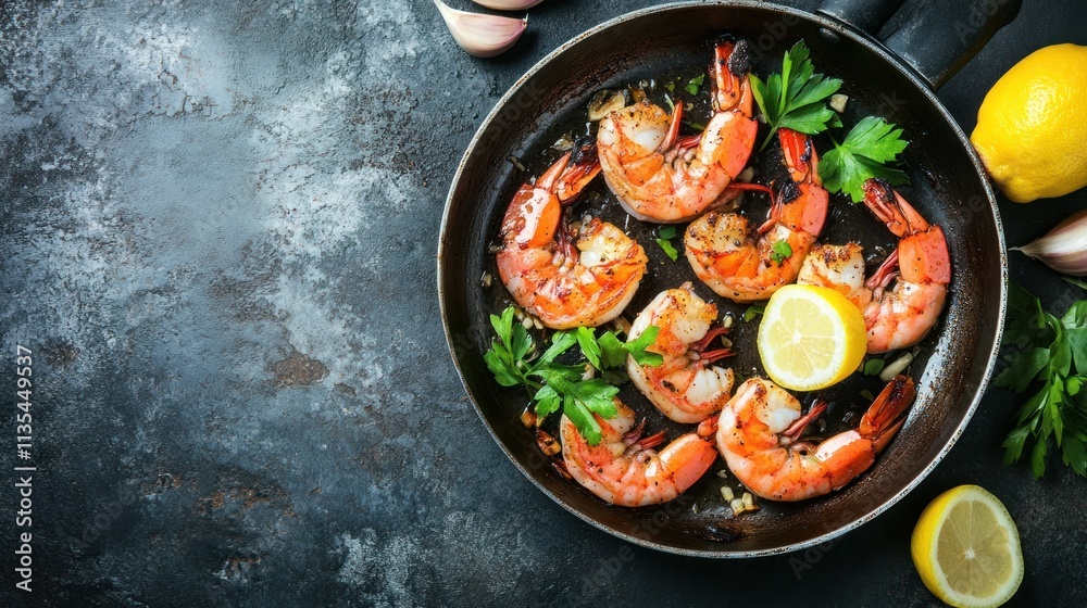 Delicious Grilled Shrimp Sizzling in a Pan with Lemon and Garlic Delicious Grilled Shrimp Sizzling in a Pan with Lemon and Garlic