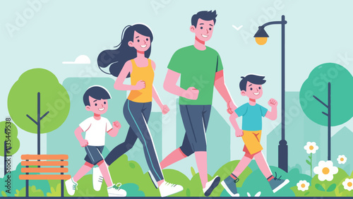 Illustration of A couple and their children jogged happily in the park 