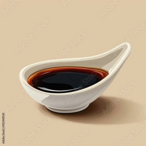 Elegant ceramic bowl with a rich glossy brown sauce or condiment against a simple minimal beige background  Overhead flat lay shot showcasing the bowl s simple photo