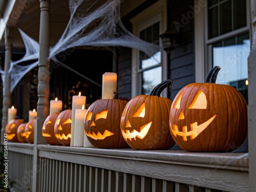 A festive display of carved pumpkins with candles, celebrating Halloween. photo