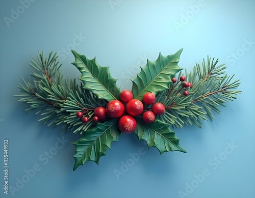 christmas decoration with holly and berries 3d render icon isolated on transparent background cutout ia 