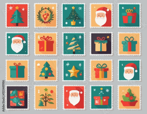 Christmas postage stamps with holiday symbols and elements of decoration for envelopes. New Year stickers with Santa Claus, Christmas tree, gifts. Vector flat illustration.