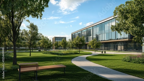Modern Office Park Landscape Design: Serene Green Space with Contemporary Architecture