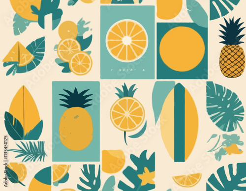 Summer vibe. Minimal abstract poster set. Tropical fruit, pineapple, yacht in the sea, sun, leaf monstera, surfboard, beach, flowers. Vector summer vacation illustrations.