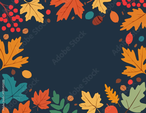 Autumn, Thanksgiving and Harvest Day frame with hand drawn colorful leaves, berries, acorns. Fall seasonal background with cozy elements. Vector illustration.