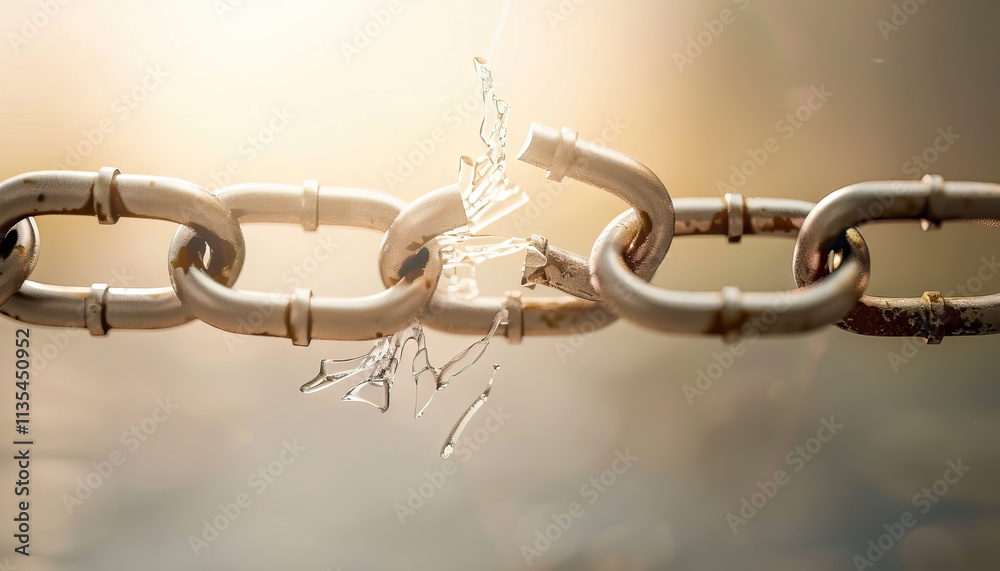 Broken Metallic Chain Link with Fragments Broken Metallic Chain Link with Fragments