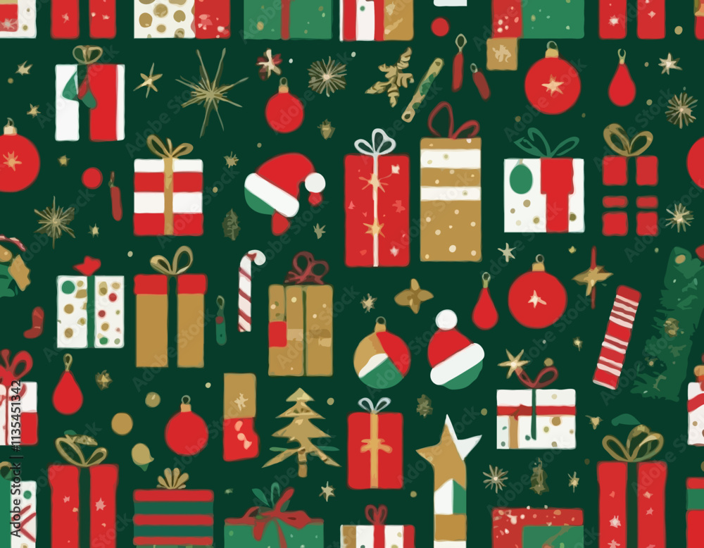 Christmas abstract geometric seamless pattern with holiday icons for wrapping paper, background, wallpaper. Trendy modern festive print. Red, green, gold colors. Christmas abstract geometric seamless pattern with holiday icons for wrapping paper, background, wallpaper. Trendy modern festive print. Red, green, gold colors.
