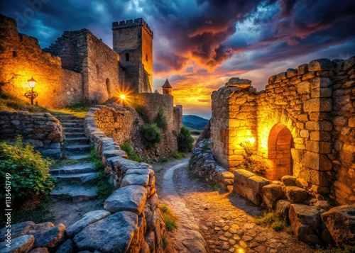 Ancient torchlit fortress, surreal midnight castle walls; historical fantasy photography. photo