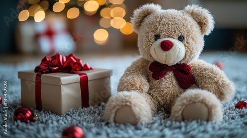 A cozy scene featuring a teddy bear beside a gift box, evoking warmth and celebration.