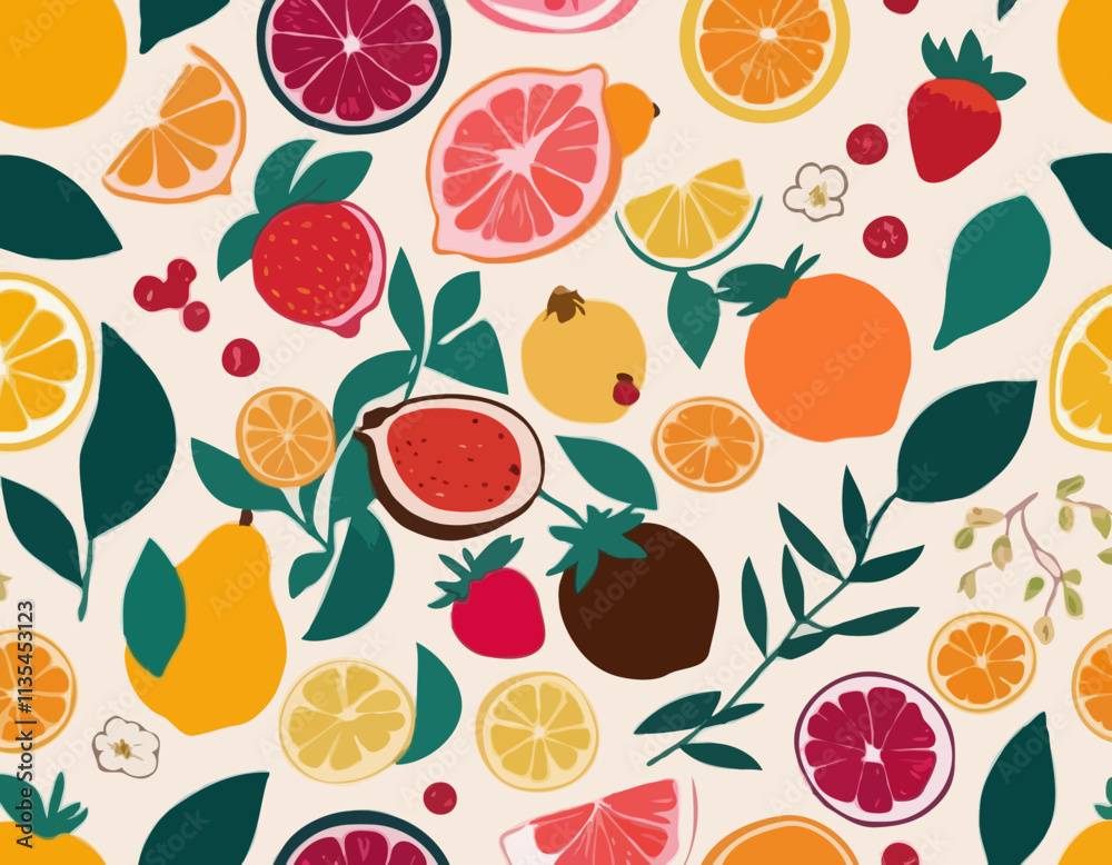 Collection hand drawn colorful abstract fruits, leaves and flowers. Natural tropical fruits. Strawberry, peach, lemon, pomegranate, fig, orange. Vector illustration.