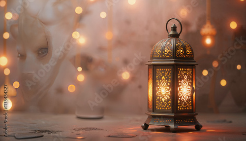 Ramadan Lantern in low light mode with arabesque background. photo