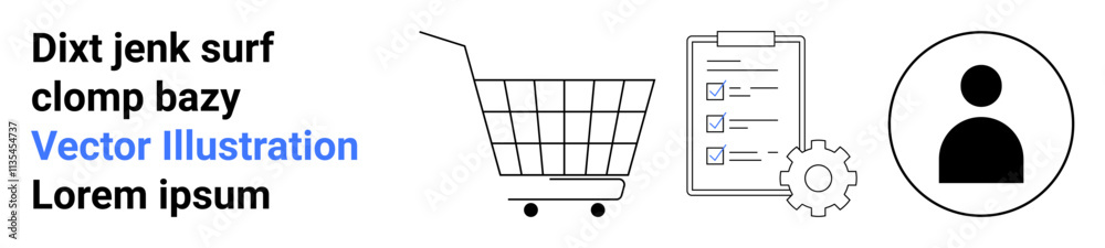 Shopping cart, checklist on a clipboard with a gear, and user profile icon. Ideal for e-commerce, business solutions, customer management, inventory tracking, task organization, market analysis Shopping cart, checklist on a clipboard with a gear, and user profile icon. Ideal for e-commerce, business solutions, customer management, inventory tracking, task organization, market analysis