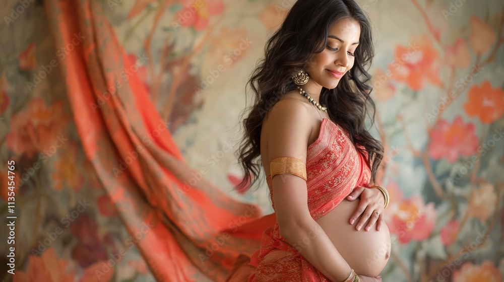 Indian pregnant woman in traditional dress cradling belly, surrounded by vibrant floral backdrop Indian pregnant woman in traditional dress cradling belly, surrounded by vibrant floral backdrop