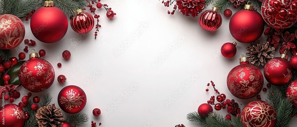 A festive arrangement of red Christmas ornaments and pinecones on a white background. A festive arrangement of red Christmas ornaments and pinecones on a white background.