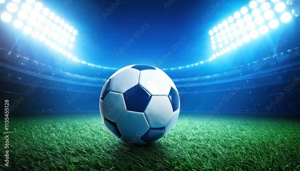 Fototapeta premium Soccer ball on the grass in a modern stadium with blue bright floodlights. Soccer World Cup.