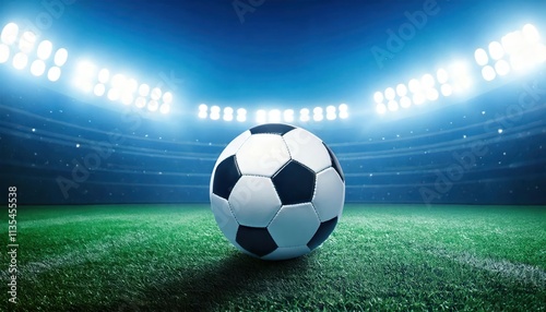  Soccer ball on the grass in a modern stadium with blue bright floodlights. Soccer World Cup.