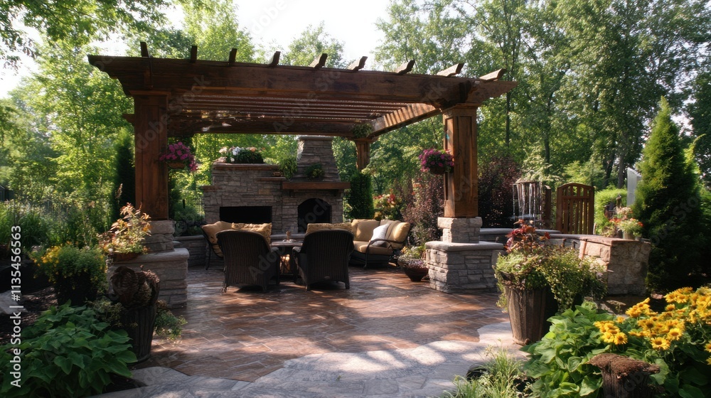 Serene Backyard Oasis: Wooden Pergola, Stone Fireplace, and Lush Landscaping Serene Backyard Oasis: Wooden Pergola, Stone Fireplace, and Lush Landscaping