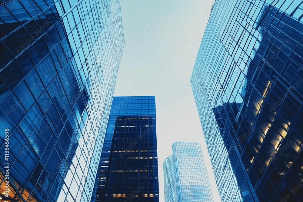 The image showcases modern skyscrapers with reflective glass walls capturing the clear blue sky, representing urban growth and contemporary architecture's elegance and innovation. The image showcases modern skyscrapers with reflective glass walls capturing the clear blue sky, representing urban growth and contemporary architecture's elegance and innovation.