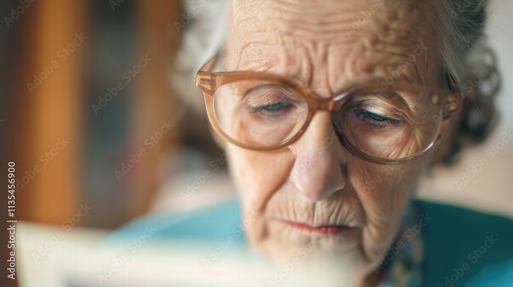 Elderly woman reading a photograph intently