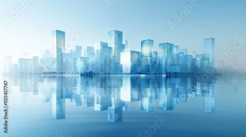 A futuristic city skyline reflected in calm water, showcasing modern architecture.