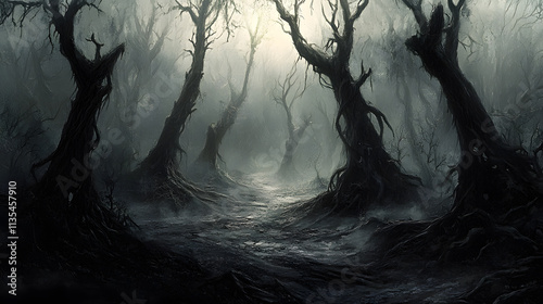 Dark Forest Path: A Digital Painting of a Mysterious and Eerie Woodland Scene
