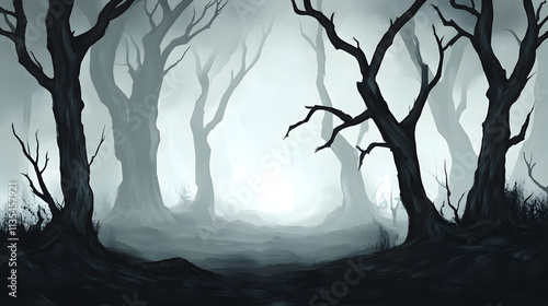 Eerie Misty Forest: A Digital Painting of a Mysterious Woods photo