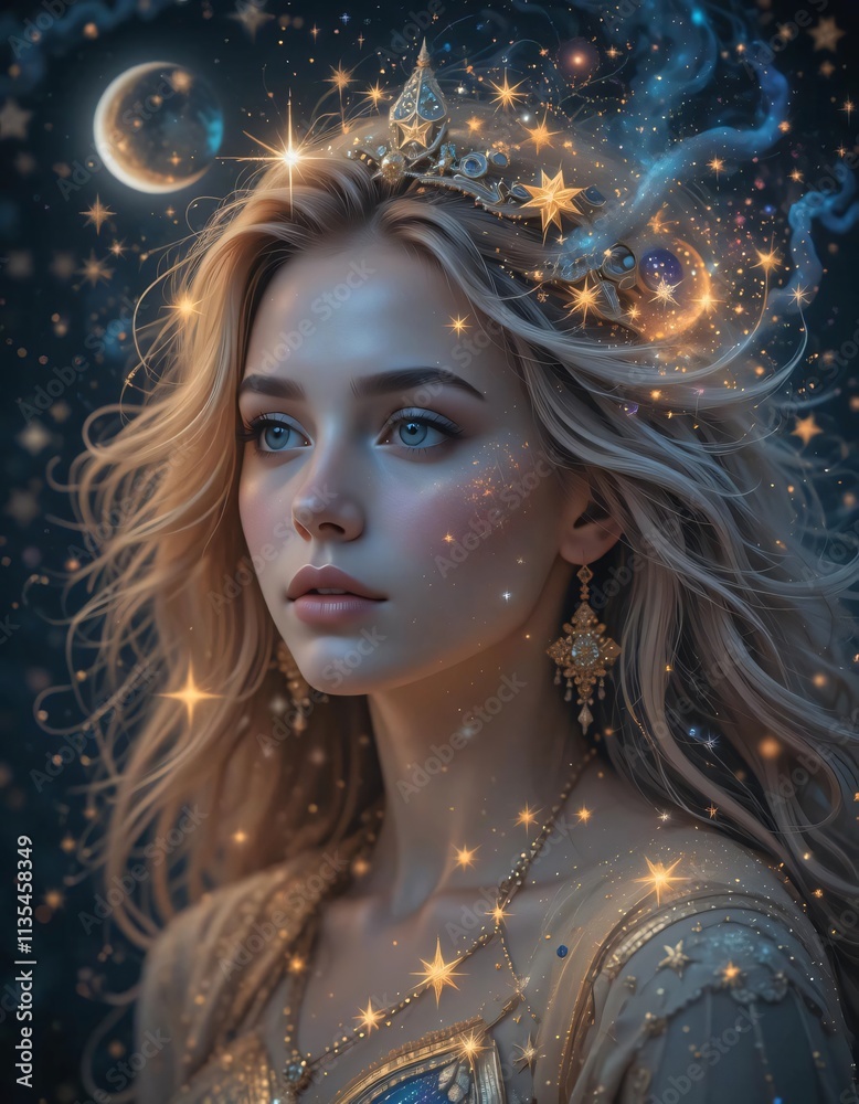 A woman portrait against a background of sparkling lights full of stars and planet A woman portrait against a background of sparkling lights full of stars and planet