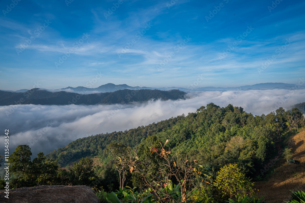 Obraz premium tourist come to see very beautiful fog lake in the morning on the mountain village mae taeng chiangmai thailand