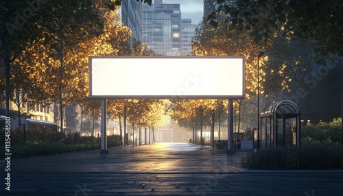 Realistic urban billboard mockup surrounded by trees and buildings with bus stop nearby photo