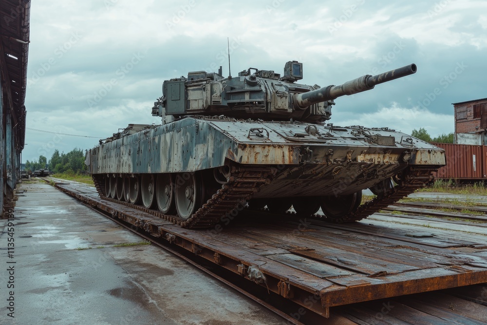 Tank On Rails Military equipment transport armored machines and tanks on railway flat ...