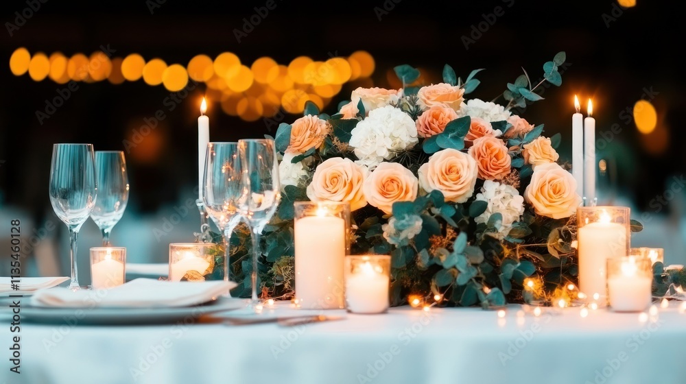 A beautifully arranged table centerpiece for a romantic event with candles and flowers. A beautifully arranged table centerpiece for a romantic event with candles and flowers.