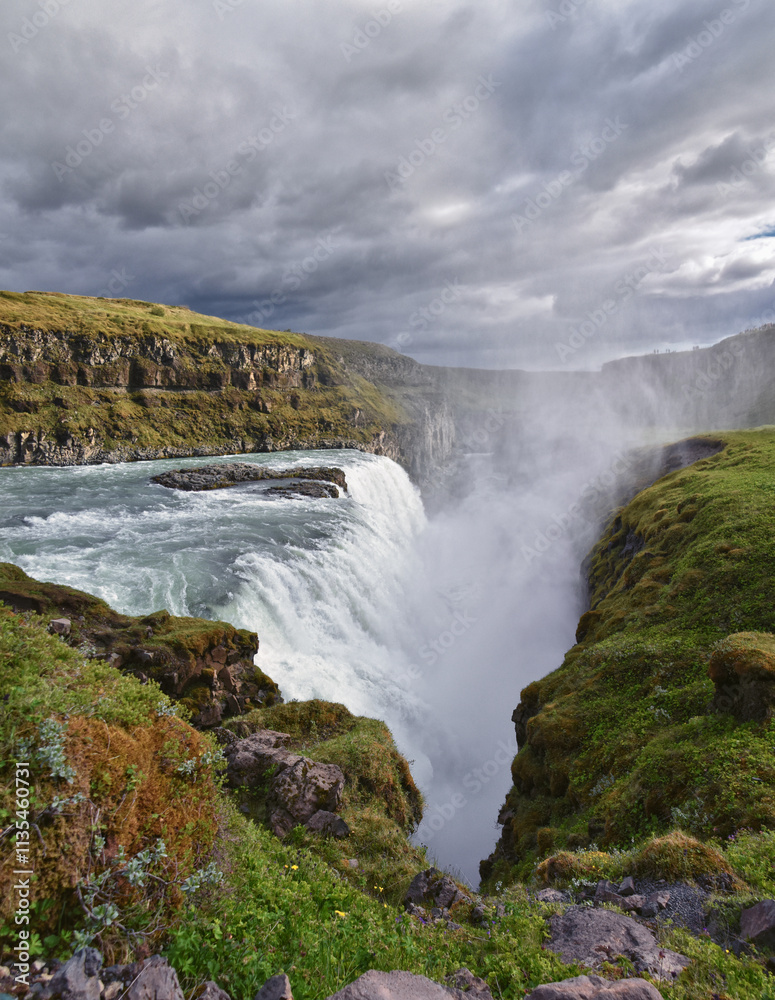 Gullfoss Falls, Golden Falls waterfall rainbow on the HvÃtá river, tourist attraction Golden Circle Route in Southwest Iceland, Scandinavia, Europe.