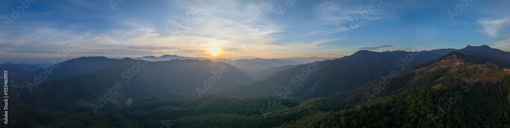 Obraz premium panorama view from drone show beautiful landscape lake of fog sunrise sunset twilight view mae taeng Chiangmai Thailand