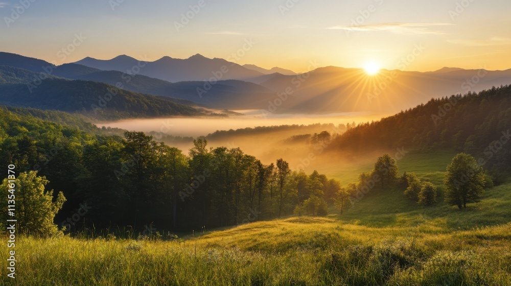 Obraz premium Golden sunrise over misty mountain valley in springtime nature landscape