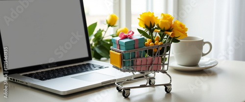 Online shopping cart with gifts and flowers by laptop
