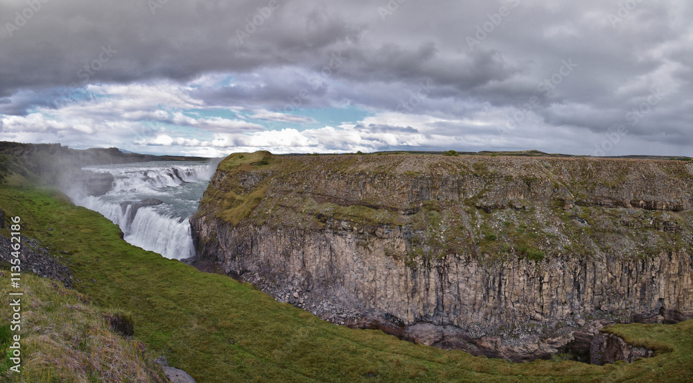 Gullfoss Falls, Golden Falls waterfall rainbow on the HvÃ­tÃ¡ river, tourist attraction Golden Circle Route in Southwest Iceland, Scandinavia, Europe.
