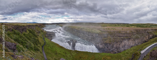 Gullfoss Falls, Golden Falls waterfall rainbow on the HvÃ­tÃ¡ river, tourist attraction Golden Circle Route in Southwest Iceland, Scandinavia, Europe.
 photo