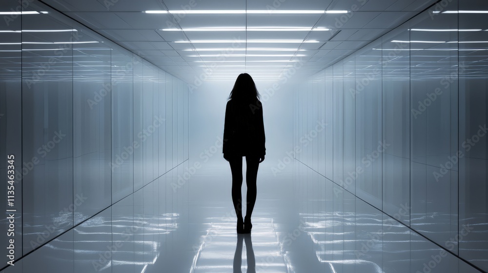 Fototapeta premium Woman in Hallway with Tears Under Fluorescent Lights