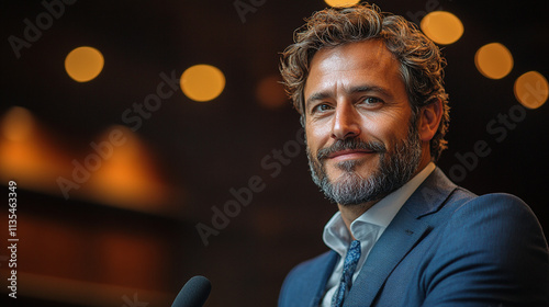 Photo Male Business Executive Giving a Speech