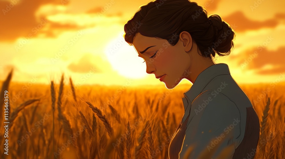 Fototapeta premium Woman in Wheat Field at Sunset
