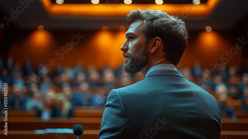 Photo Male Business Executive Giving a Speech