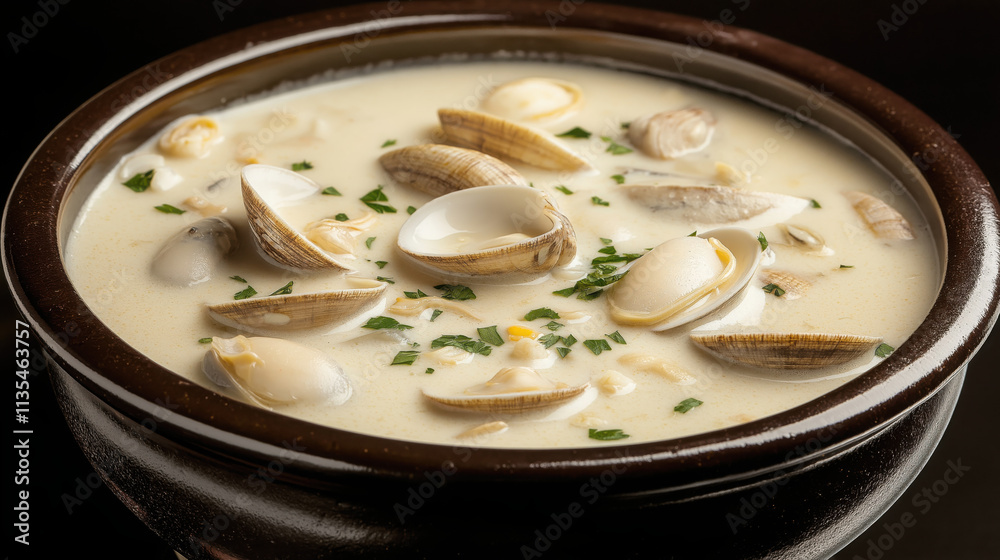 Creamy and Hearty Studio Shot of Clam Chowder in a Bowl with Fresh Herbs Creamy and Hearty Studio Shot of Clam Chowder in a Bowl with Fresh Herbs