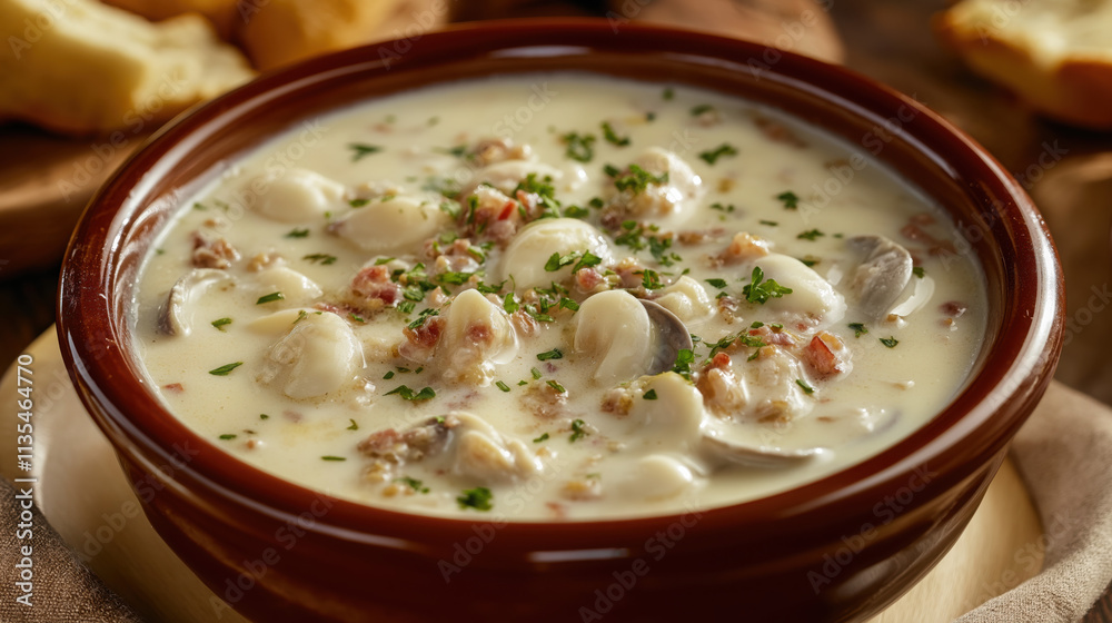 Creamy and Hearty Studio Shot of Clam Chowder in a Bowl with Fresh Herbs Creamy and Hearty Studio Shot of Clam Chowder in a Bowl with Fresh Herbs