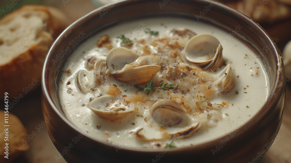 Creamy and Hearty Studio Shot of Clam Chowder in a Bowl with Fresh Herbs Creamy and Hearty Studio Shot of Clam Chowder in a Bowl with Fresh Herbs