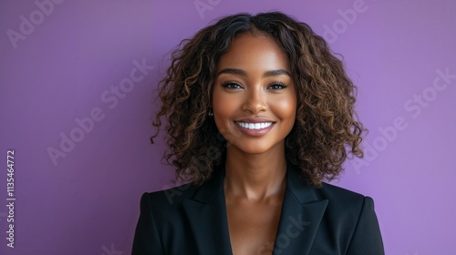 Friendly and confident young professional smiling in a corporate headshot with a bold purple background. Suitable for themes of career inspiration, professionalism, and workplace inclusion.