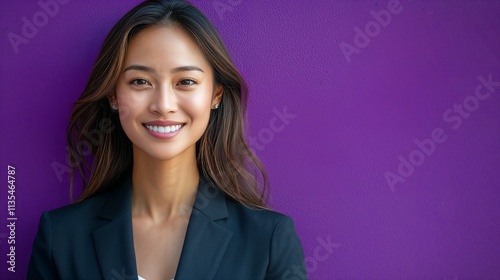 Confident young professional smiling warmly in a corporate portrait against a clean purple background. Perfect for themes of leadership, career success, and workplace diversity.