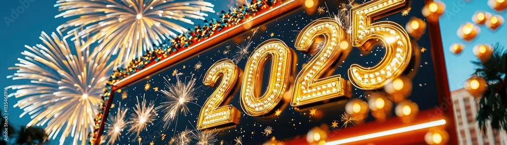 A vibrant display celebrating the New Year 2025, featuring bright fireworks and a large illuminated A vibrant display celebrating the New Year 2025, featuring bright fireworks and a large illuminated