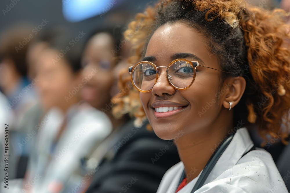 Young Professional Woman Smiling During a Business Conference, Emphasizing Confidence and Engagement in a Dynamic Workplace Environment Young Professional Woman Smiling During a Business Conference, Emphasizing Confidence and Engagement in a Dynamic Workplace Environment